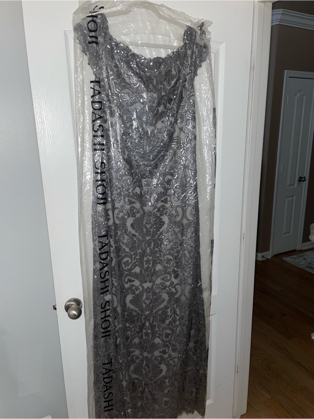Tadashi Shoji Silver Lace Off-Shoulder Maxi Gown - Picture 8 of 8